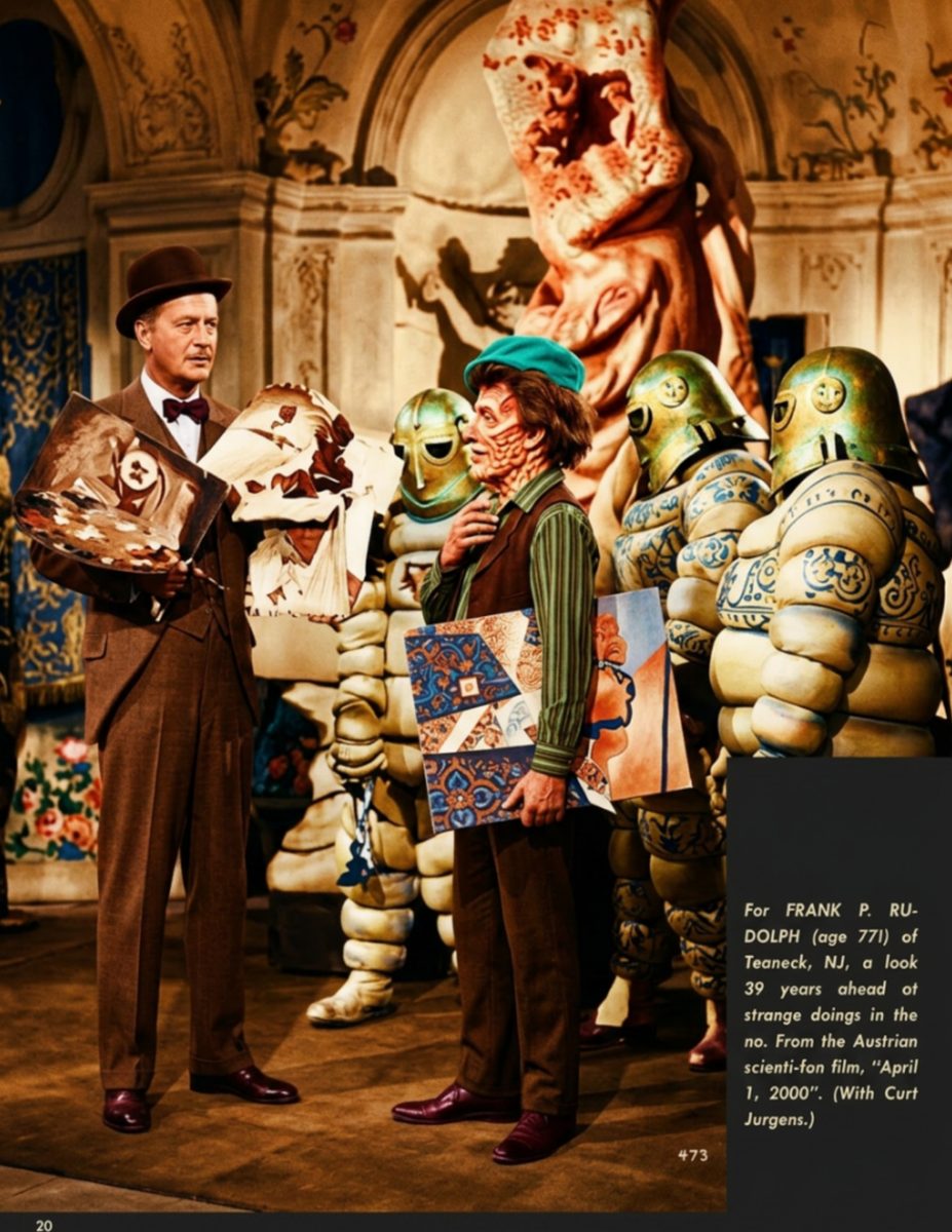 Man in a bowler hat holding paintings beside a row of alien suits