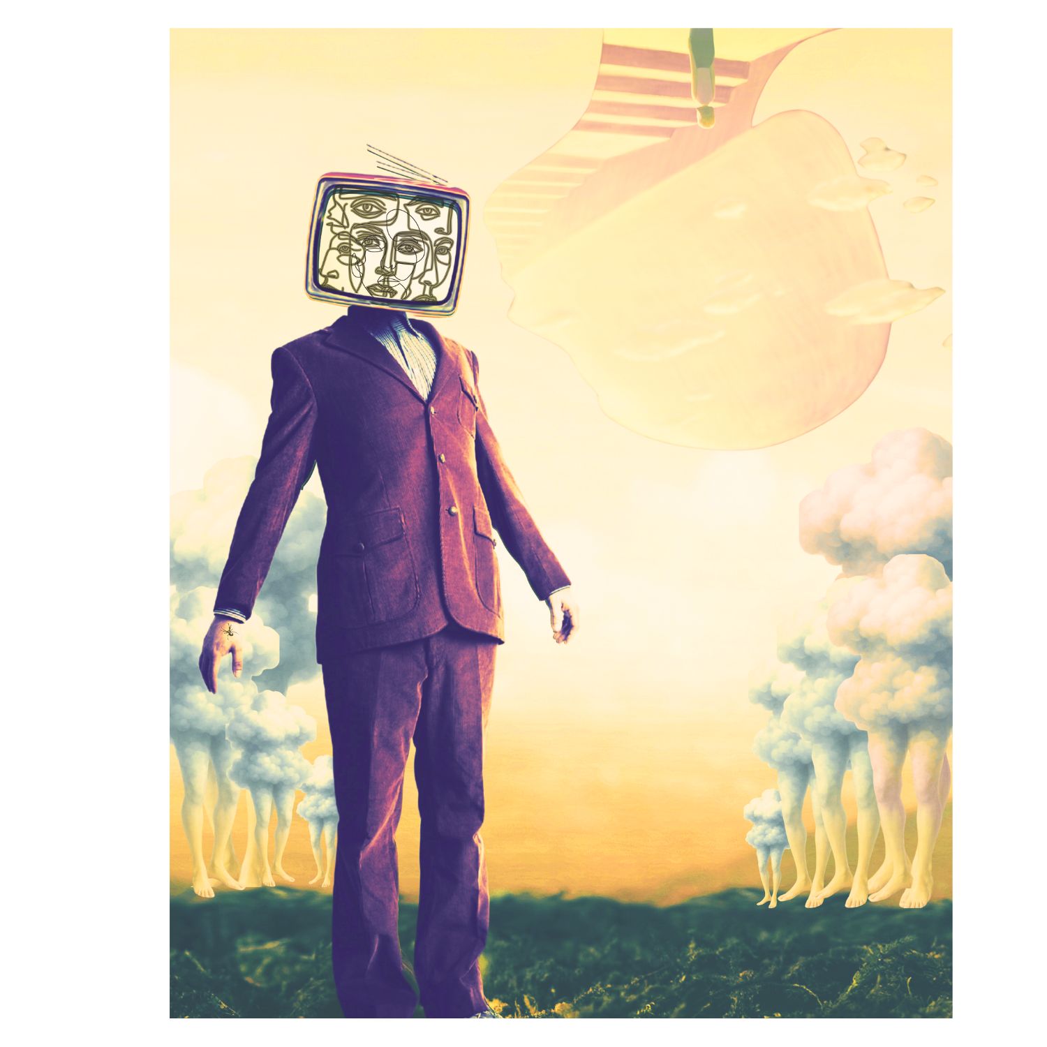A surreal collage: a figure in a plum suit with a television for a head, tangled line-drawn faces on the screen, standing on dark earth. Small cloud-legged figures on either side. An inverted staircase spills from a lantern-like shape above, into a pastel sky.
