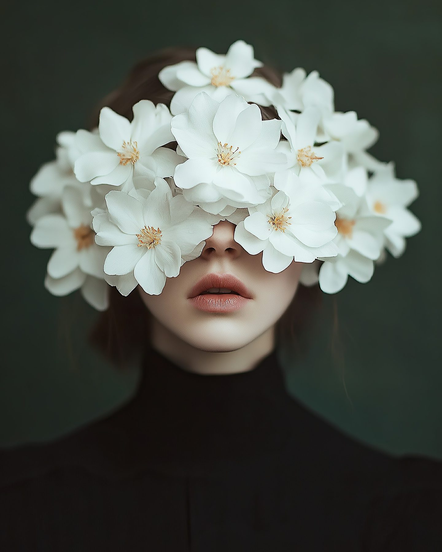 Portrait obscured by white flowers